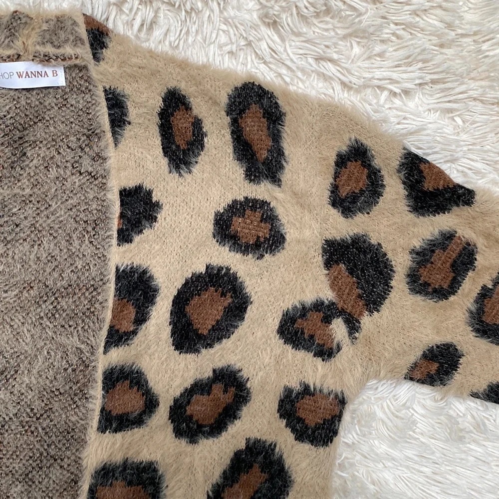 Wanna B Leopard Eyelash Open Cardigan 💗 Tan Brown & Black - Picture 7 of 13